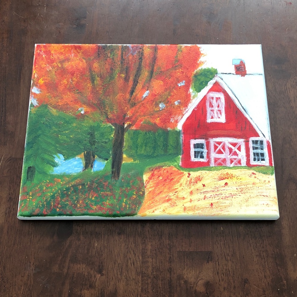 🥧 Hand Painted Autumn Red Barn Canvas Art